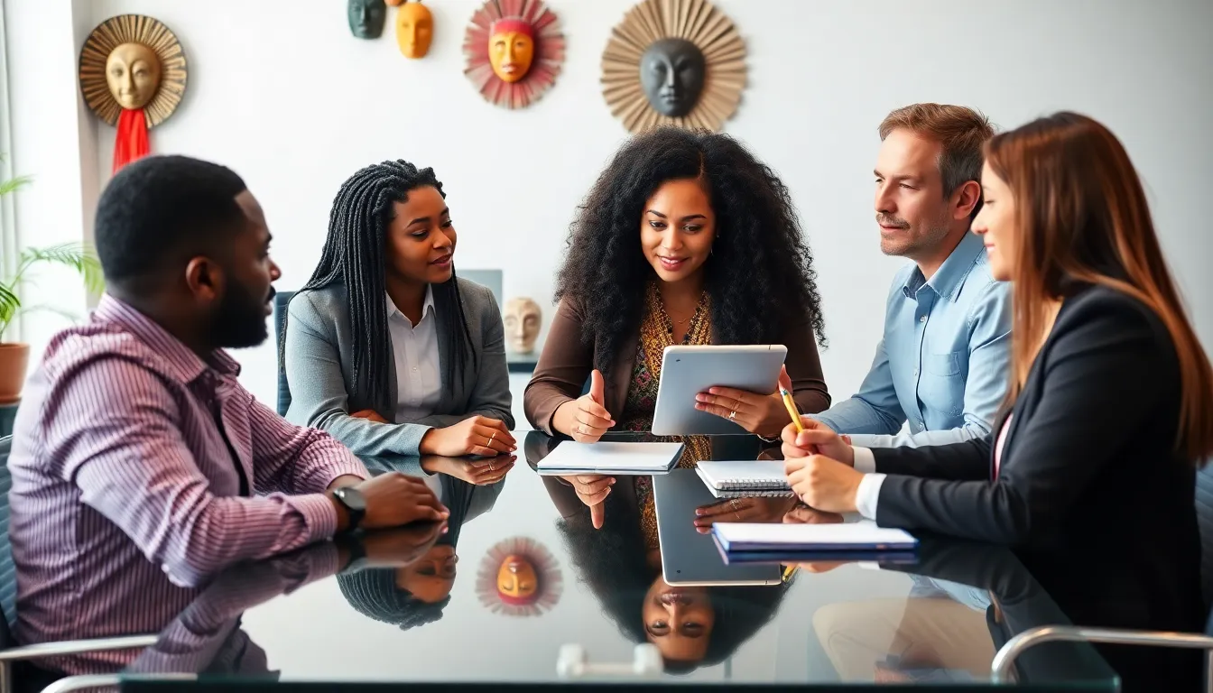 diverse team discussing culture traits in a modern office.