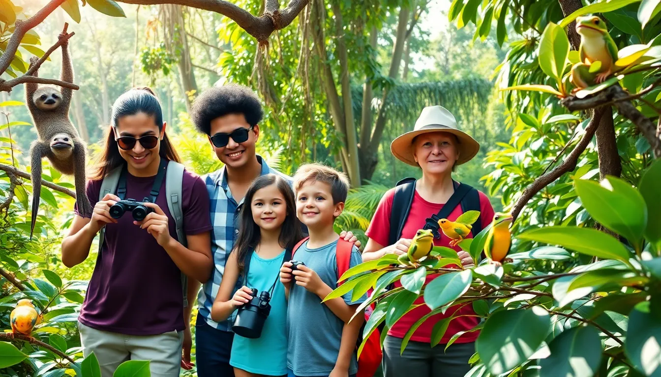 family enjoying nature in Costa Rica with wildlife around them.
