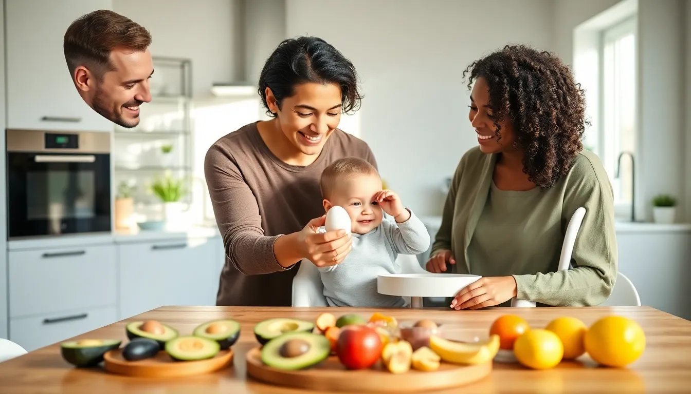 diverse family practicing baby-led weaning in a modern kitchen.