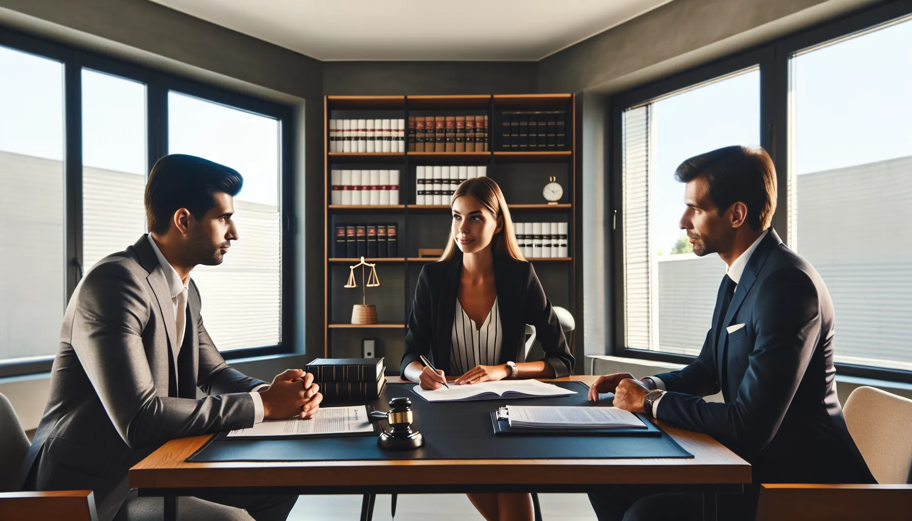 Couple consulting with lawyer about mutual divorce in modern office setting