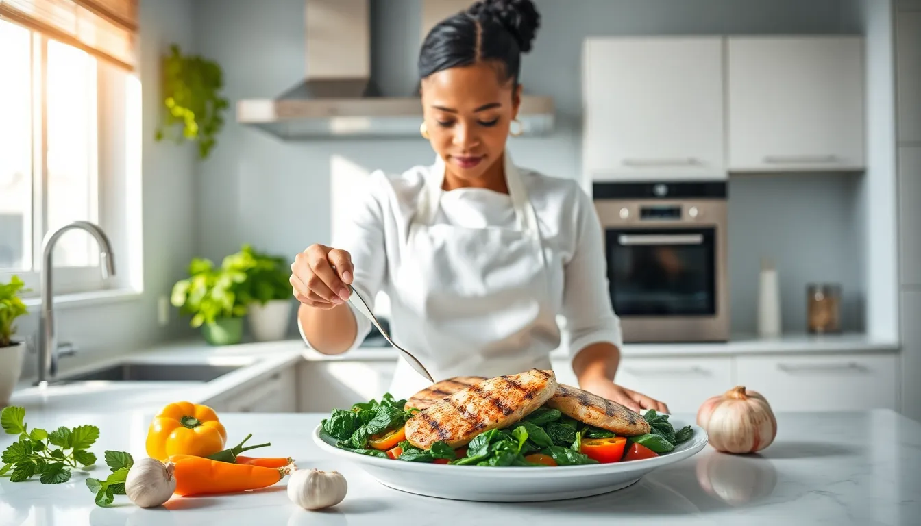 Chef preparing a healthy chicken and spinach dish in a modern kitchen.