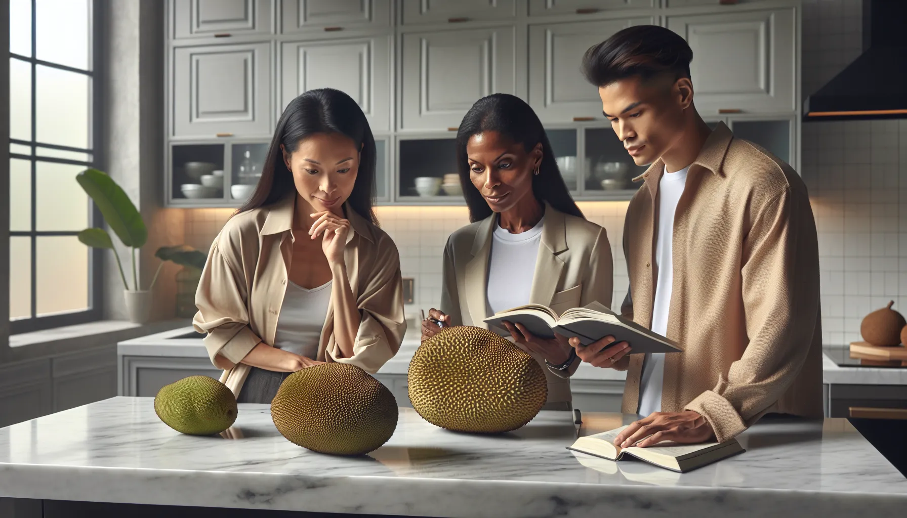 team selecting and preparing jackfruit in a modern kitchen.