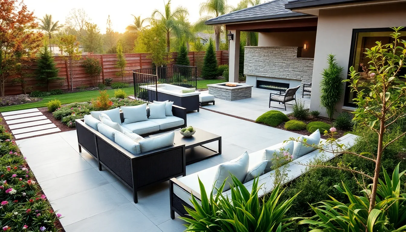 modern outdoor living space with stylish furniture and vibrant greenery.