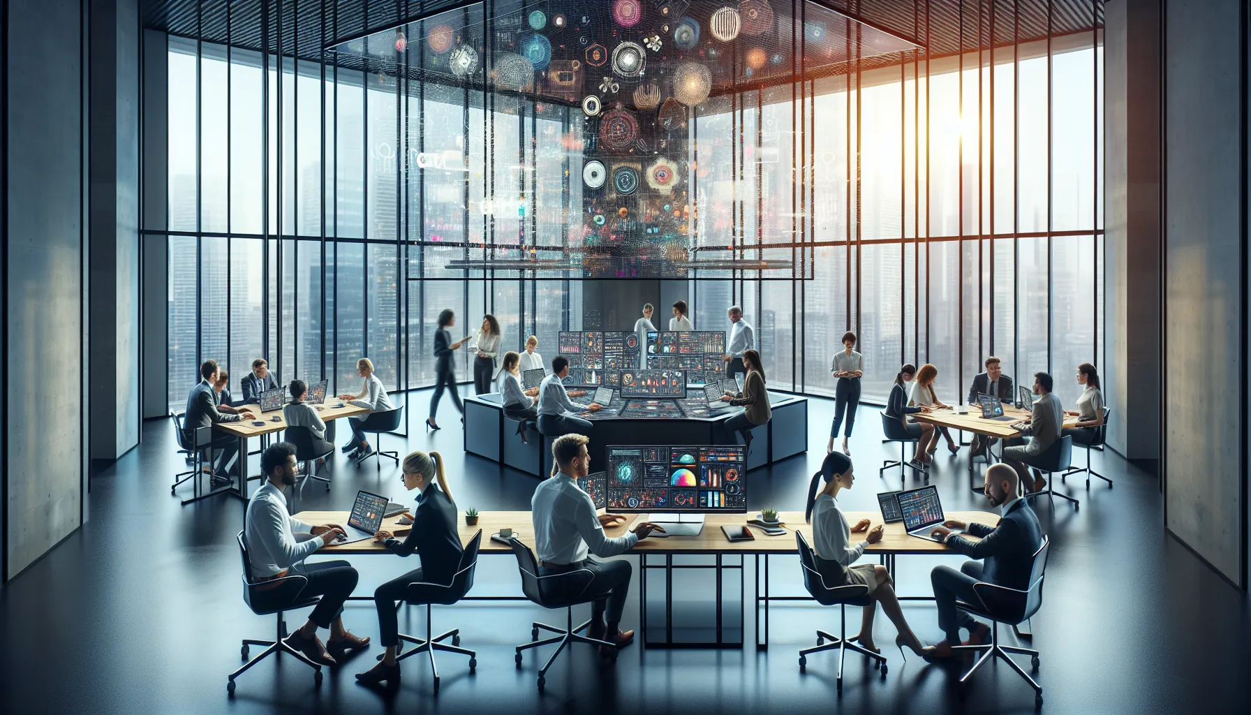 professionals collaborating in a modern workspace on creative technology.
