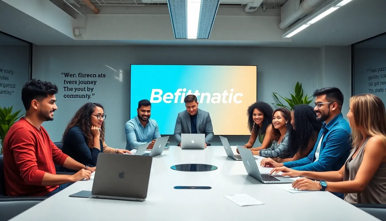 diverse team collaborating on fitness goals in a modern workspace.