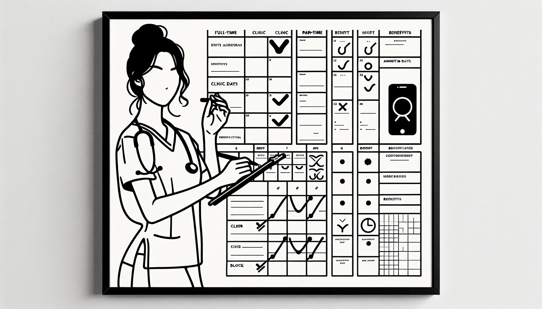 Line art of a dental associate with a calendar showing full-time, part-time, block, flexible schedules of Dental Associate Schedule and Duties.