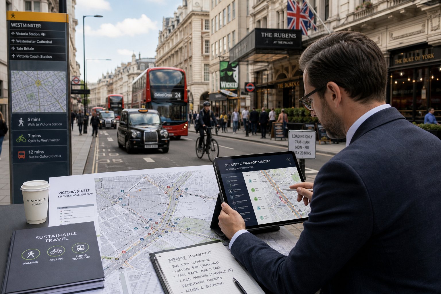 Traffic engineer reviewing a Westminster street transport plan in central London.