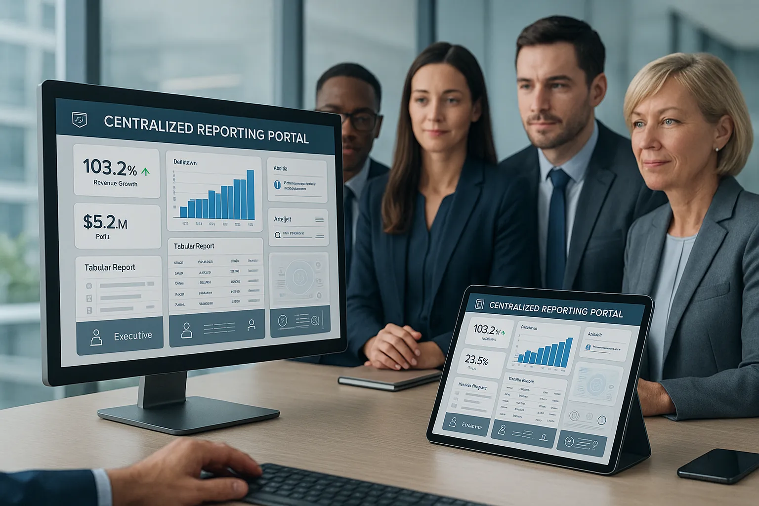 Professionals reviewing a secure reporting dashboard in a modern office.
