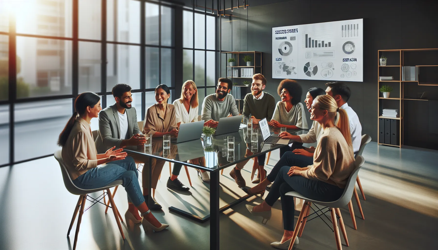 diverse individuals sharing success stories in a modern office.