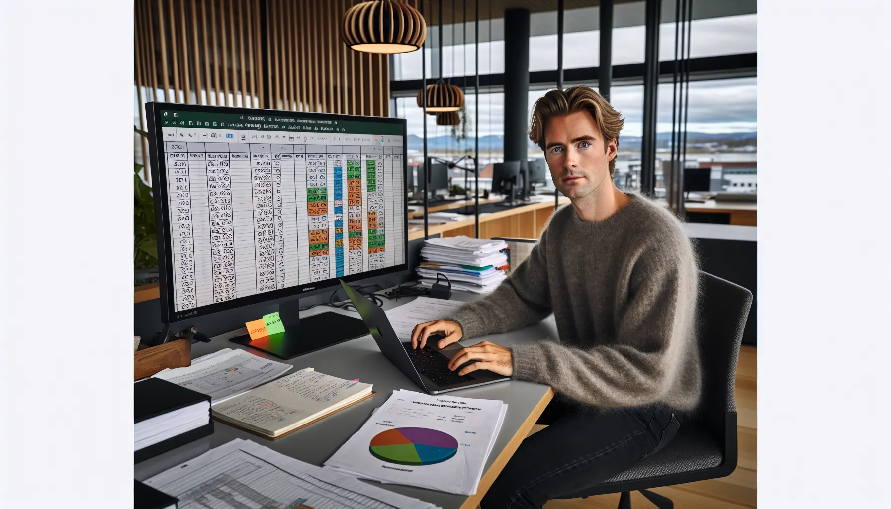 Slik sikrer du en bærekraftig utleievirksomhet: miljøvennlige valg og løsninger 3 Norwegian property manager analyzing energy and co₂ data for sustainable rental buildings.