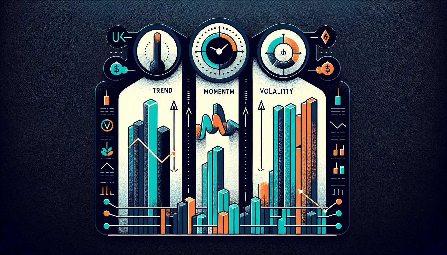 Four-column infographic showing trend, momentum, volatility, and volume market indicators for crypto trading.