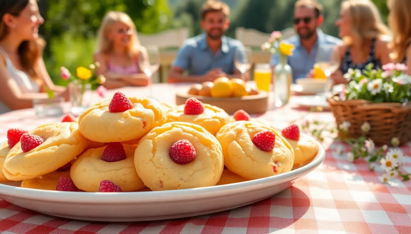 bright raspberry lemonade cookies on a picnic table.