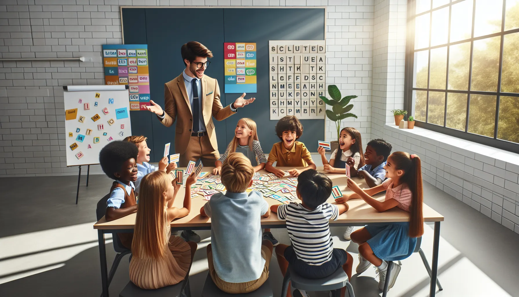 children engaged in a spelling game in a bright classroom.