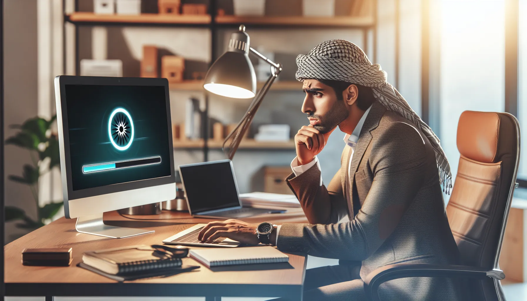 developer frustrated by slow software performance in a modern office.