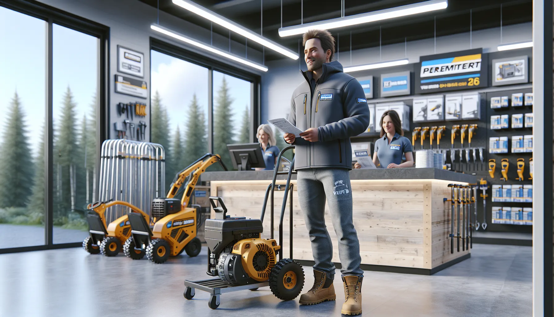Norwegian man renting large tools at a tidy tool rental shop counter.