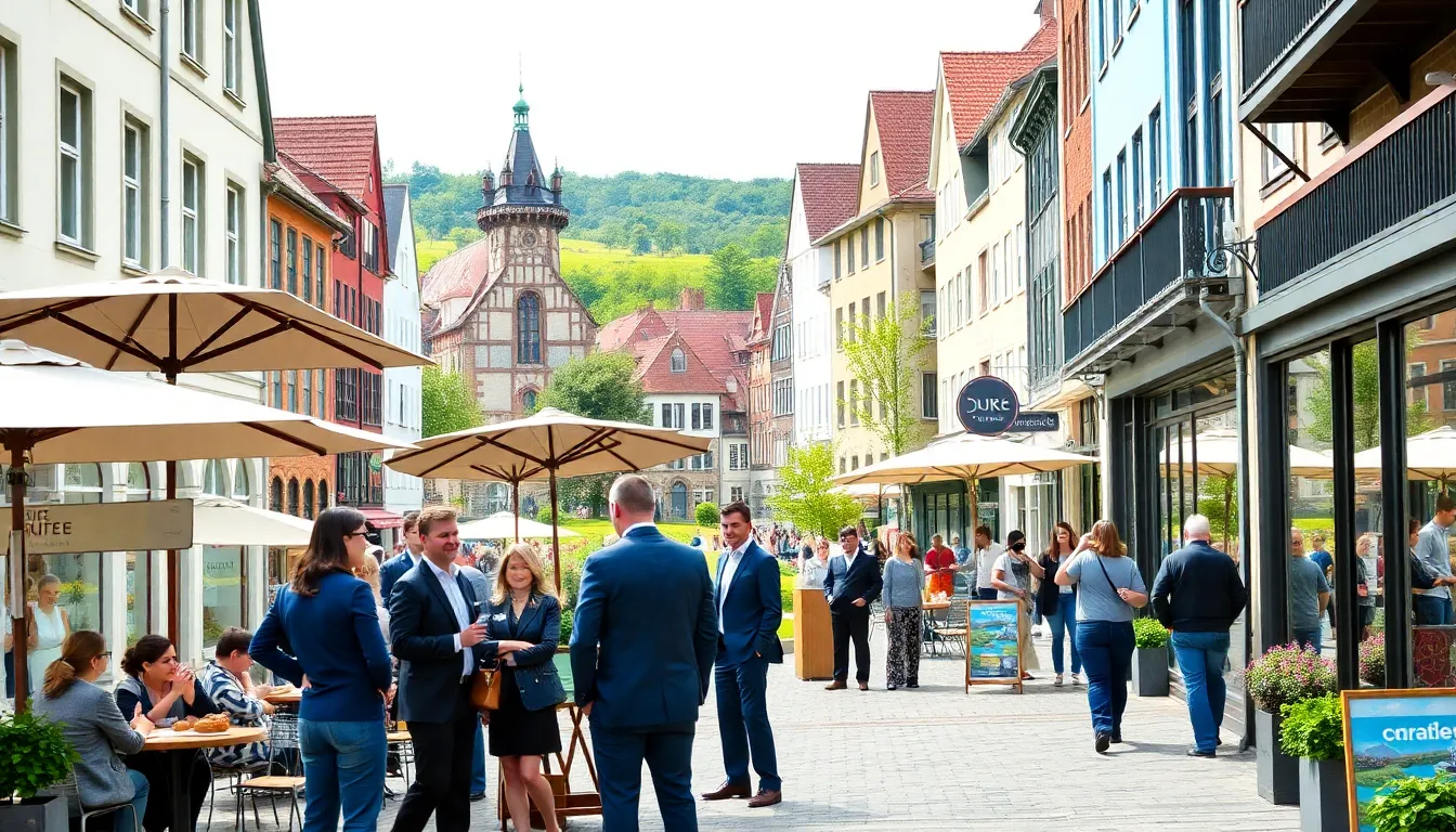 lively market square in Meinmarktwarendorf with shops and cafes.