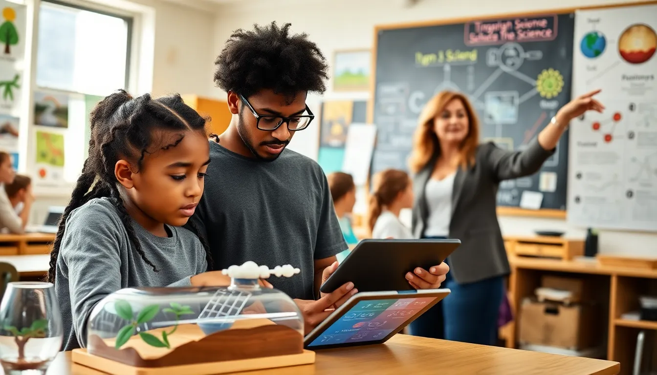 students collaborating on a science project in a bright classroom.