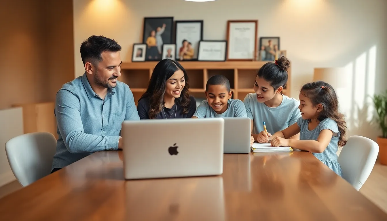 family engaged in open discussion around a modern dining table.