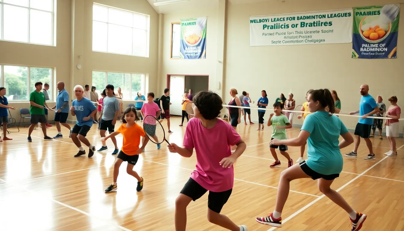 diverse badminton players engaging in matches at a community center.