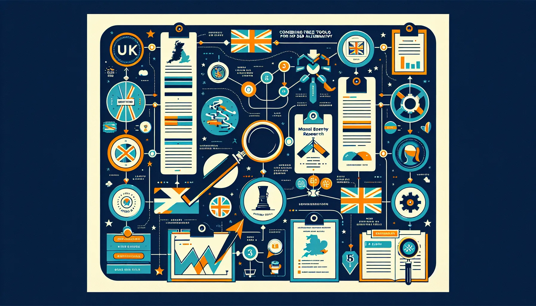 Two-column UK-themed graphic showing manual and free-tool SEO workflows.