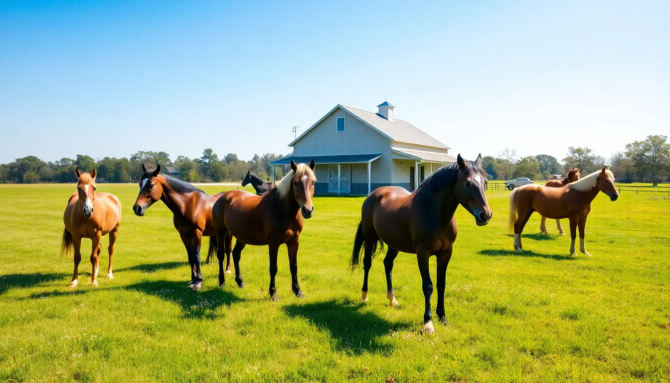 retired horses grazing peacefully in a sunny pasture.
