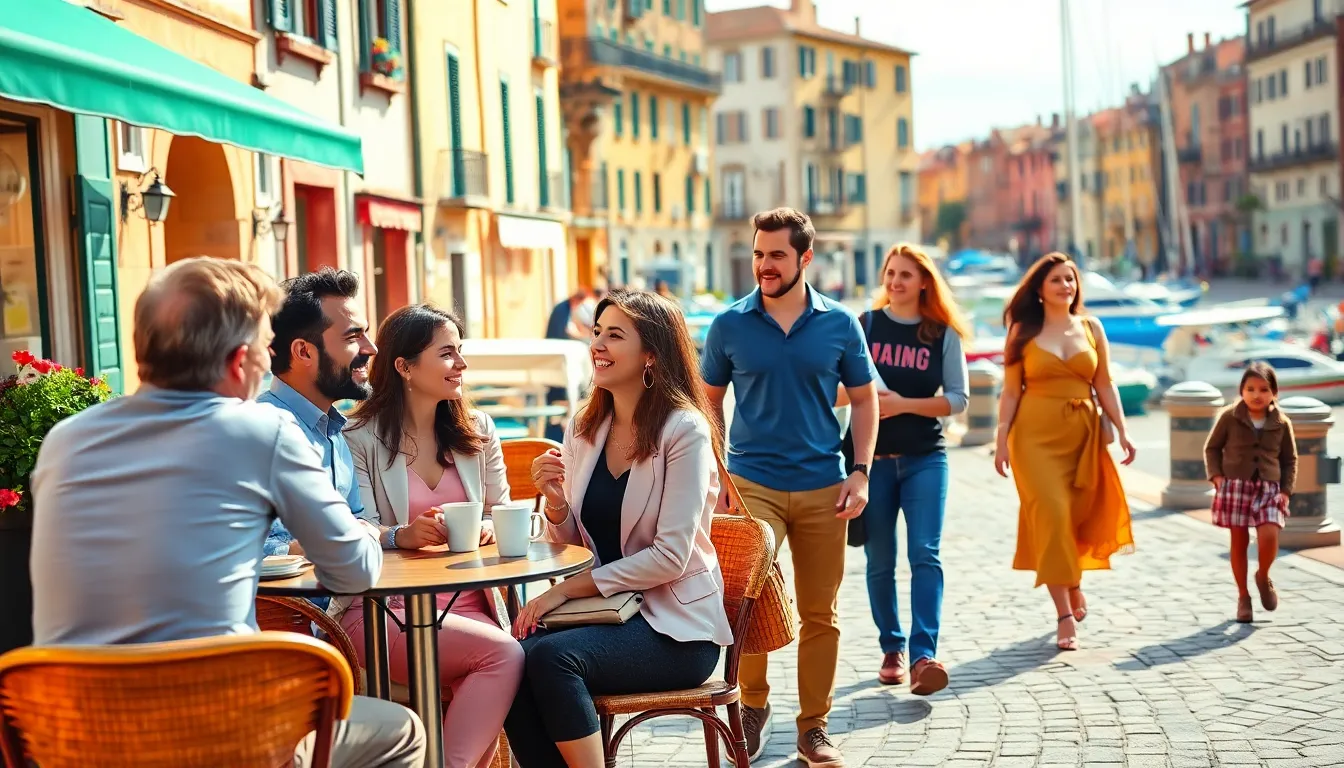 adults socializing at a café in a lively Livorno street.