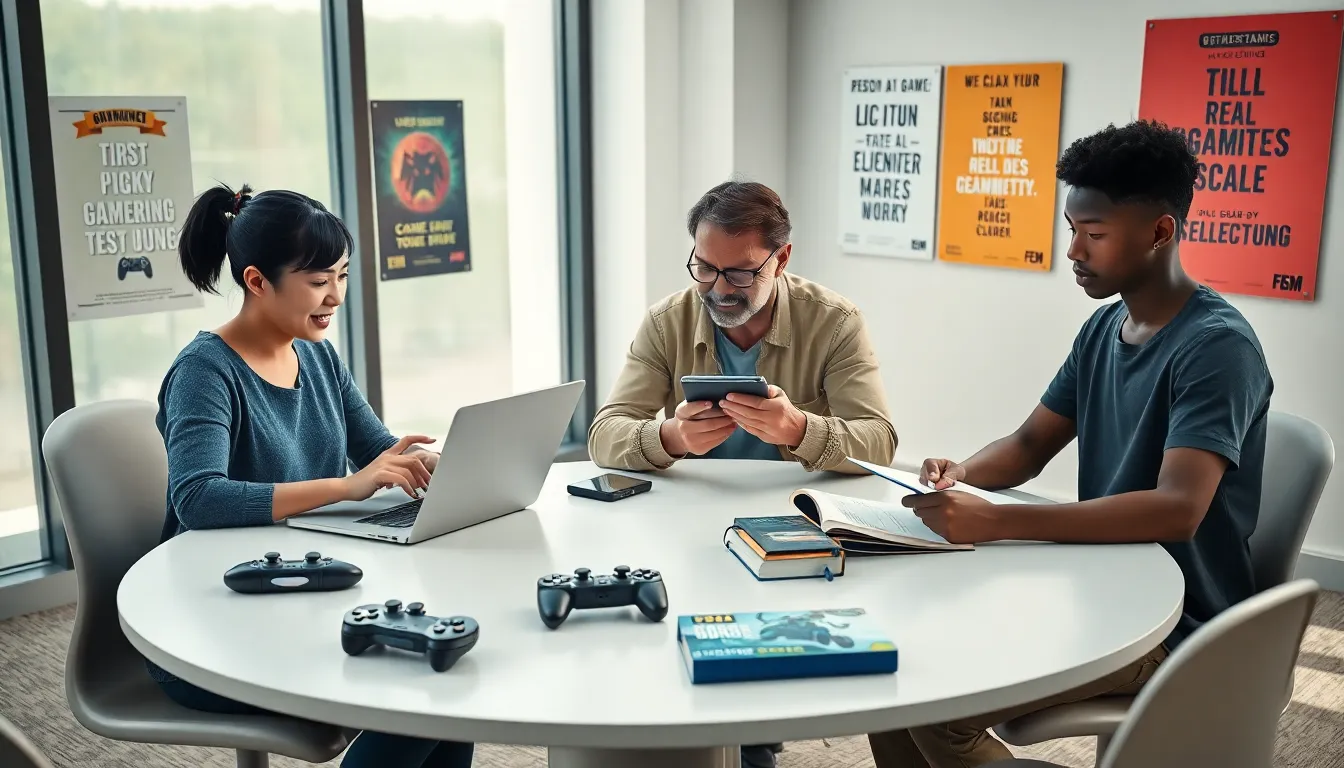 diverse group of gamers collaborating in a modern workspace.