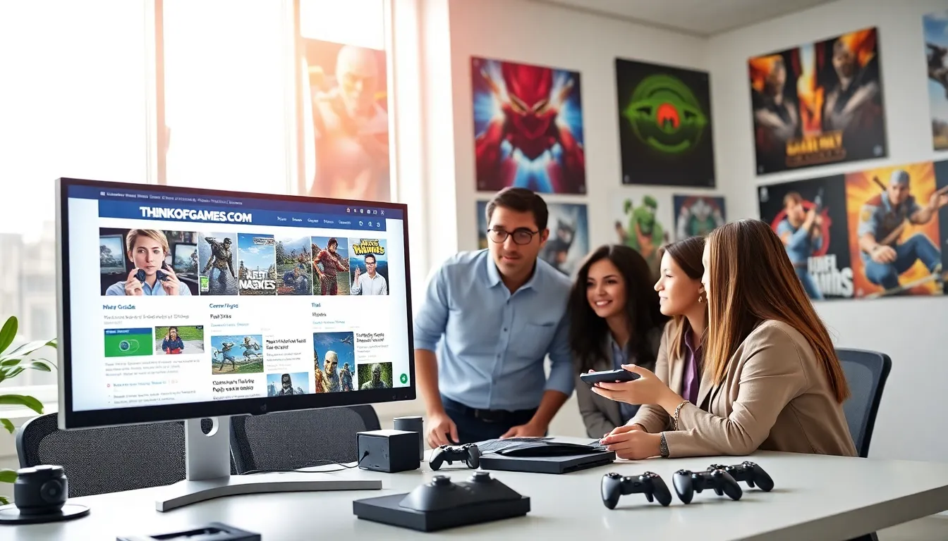 diverse team exploring gaming guides on a modern workspace.
