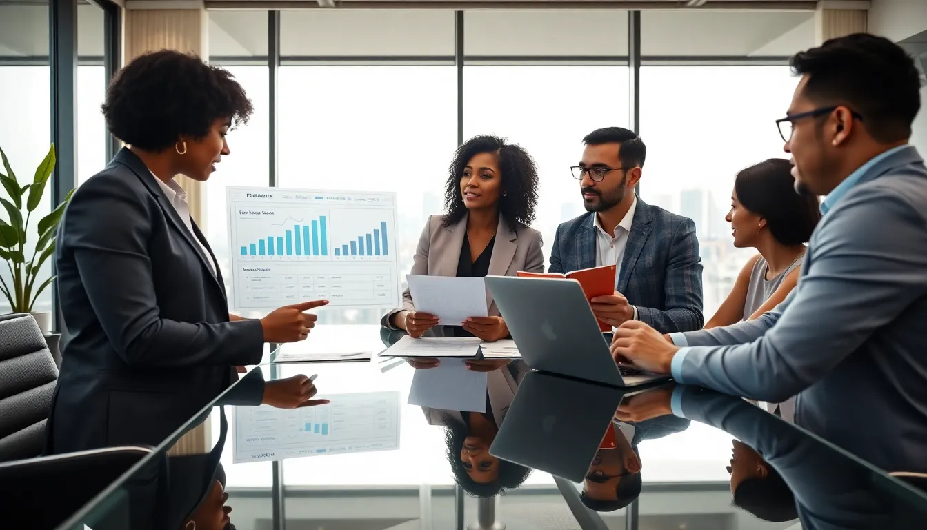 diverse professionals discussing financial goals in a modern office.
