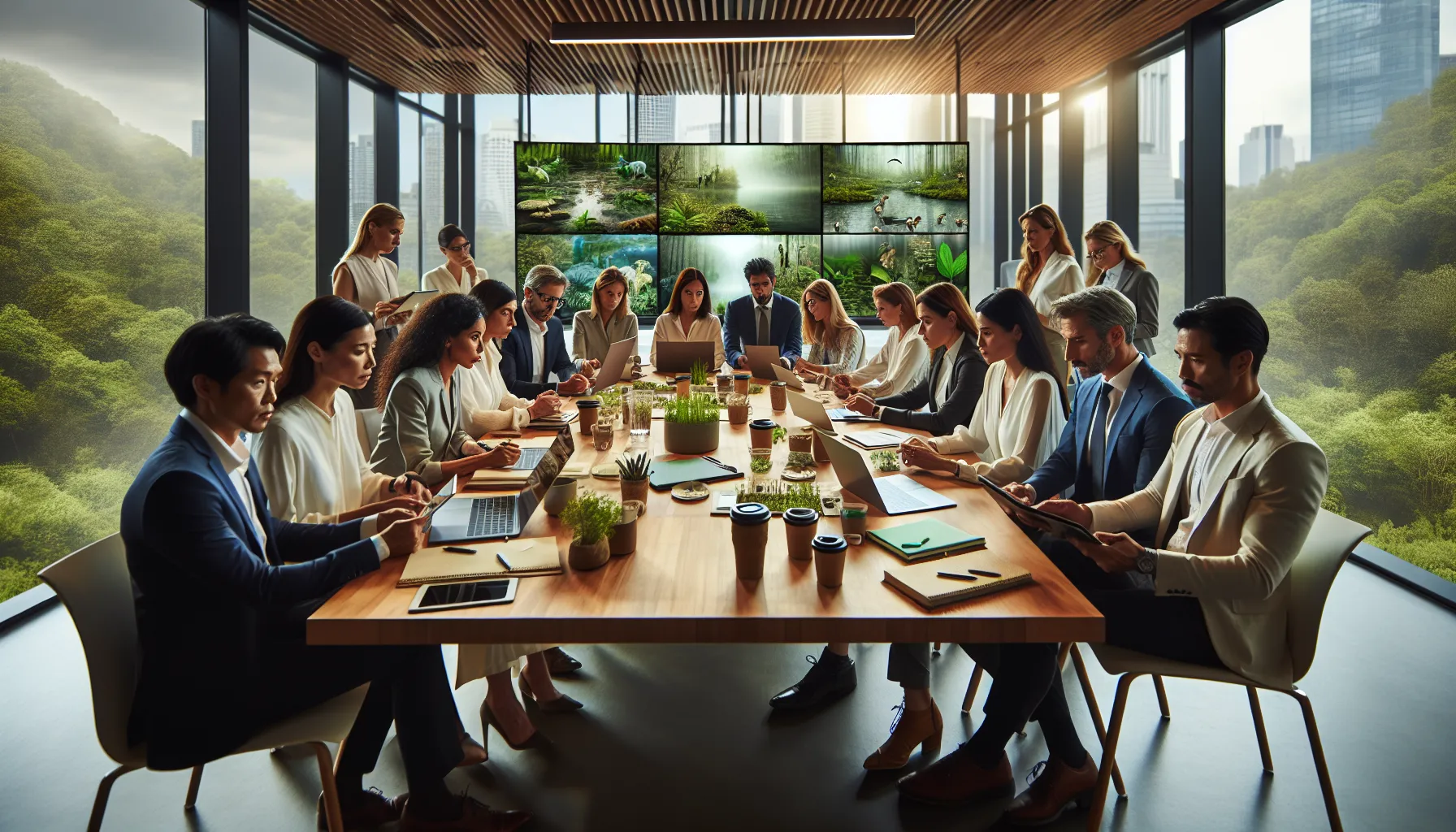 diverse team discussing environmentalism in a modern office.
