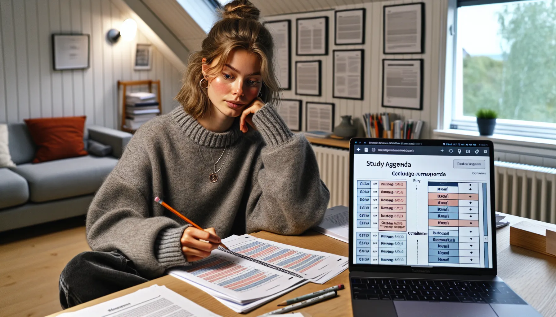 Norwegian student planning online course study schedule with laptop, planner and calendar.