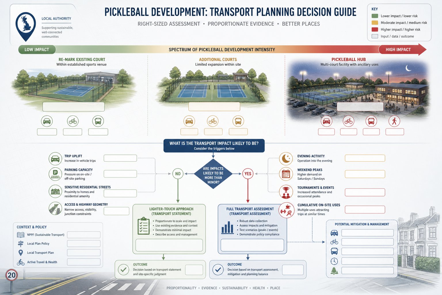 Decision infographic for when pickleball courts need a transport statement or assessment.