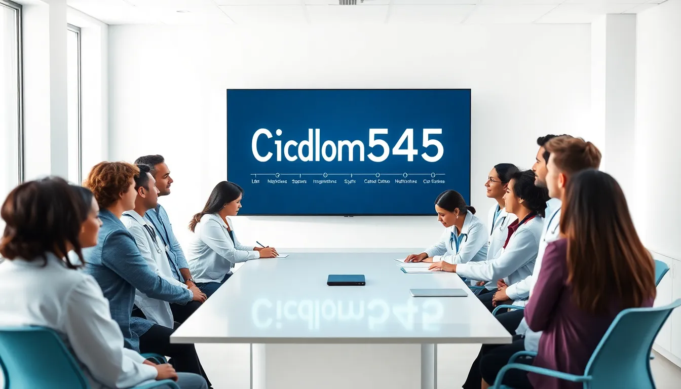 healthcare professionals discussing medical coding in a modern office.