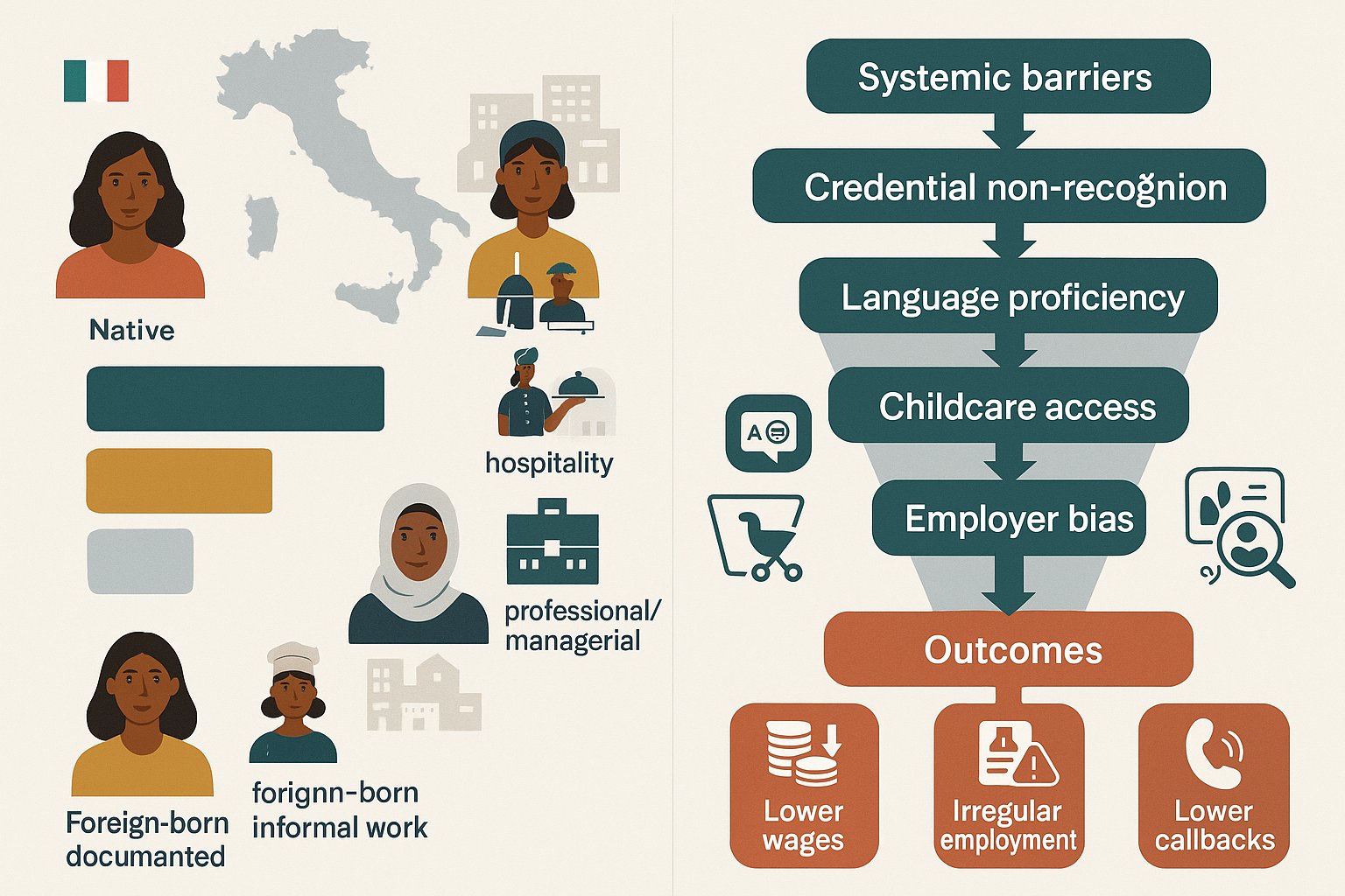 Infografica che mostra cause ed effetti dei divari salariali per le donne immigrate in Italia.