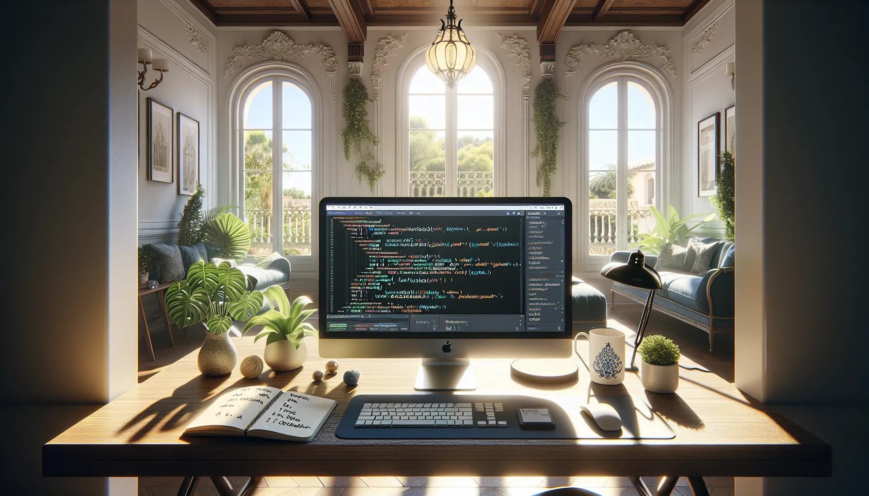 A workspace in a Spanish villa showing programming code related to useCallback and React.memo.