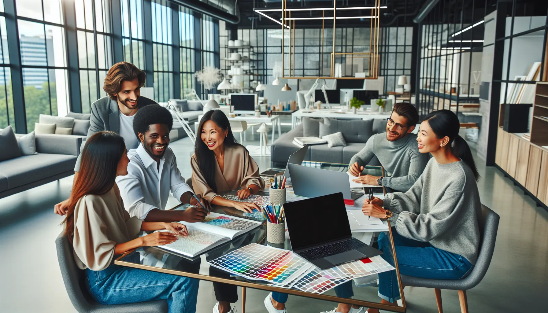 diverse team collaborating in a modern interior design studio.