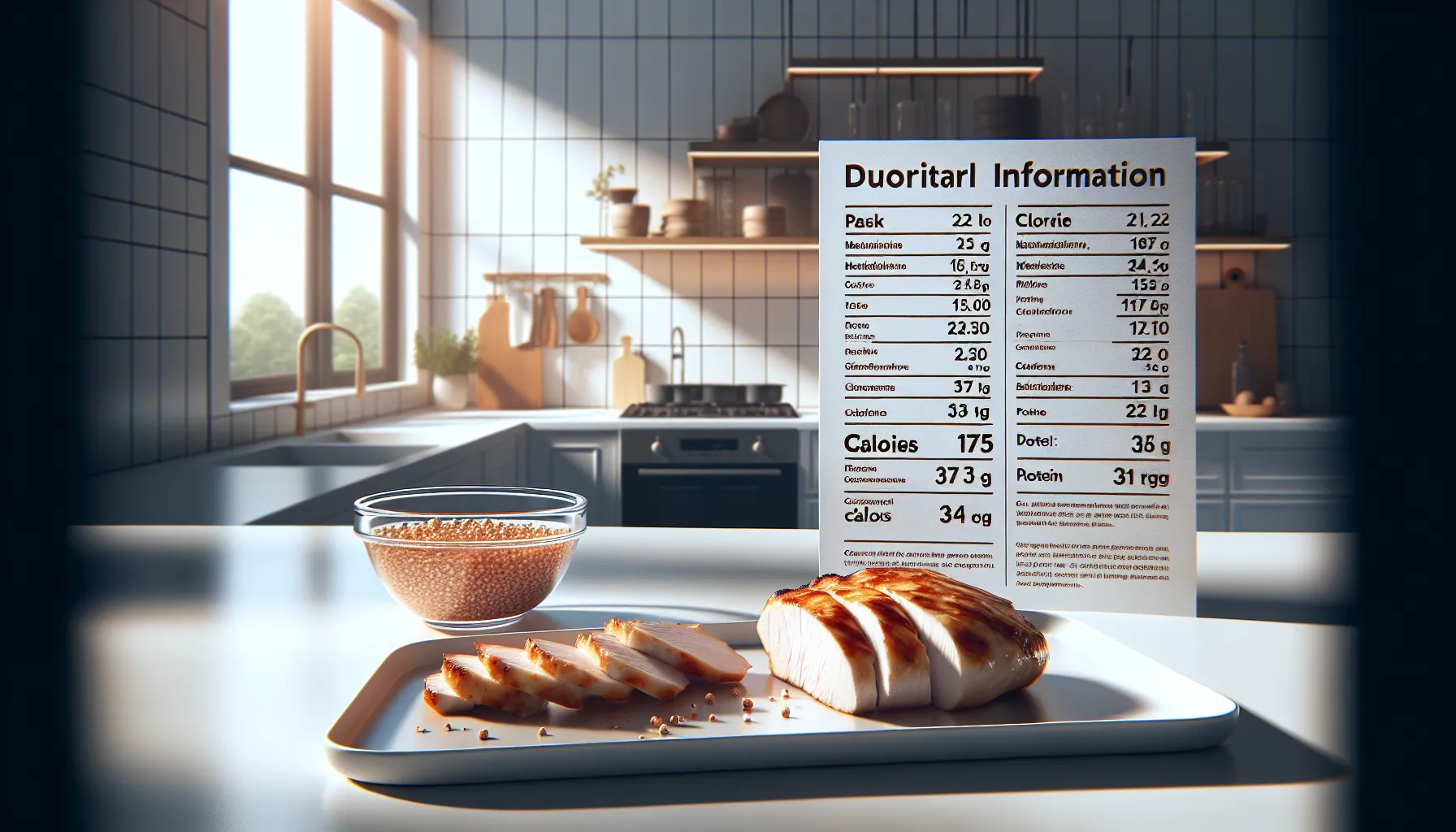 Sliced roasted chicken breast and nutrition chart in a modern kitchen.