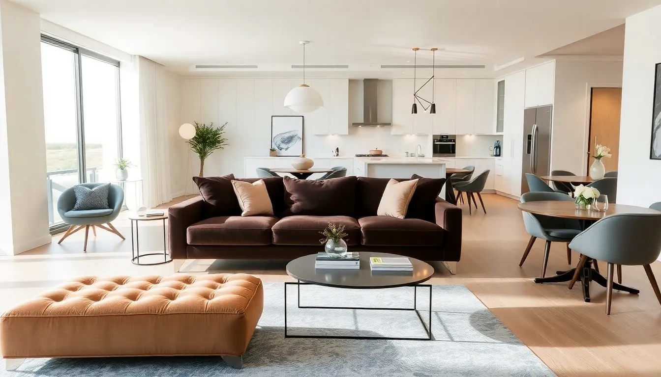 modern small townhouse interior with open concept living and multifunctional furniture.