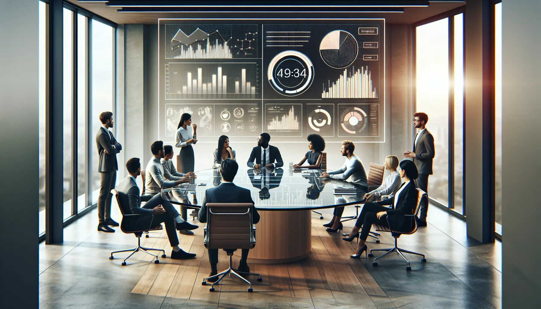 diverse team analyzing data in a modern office around a conference table.