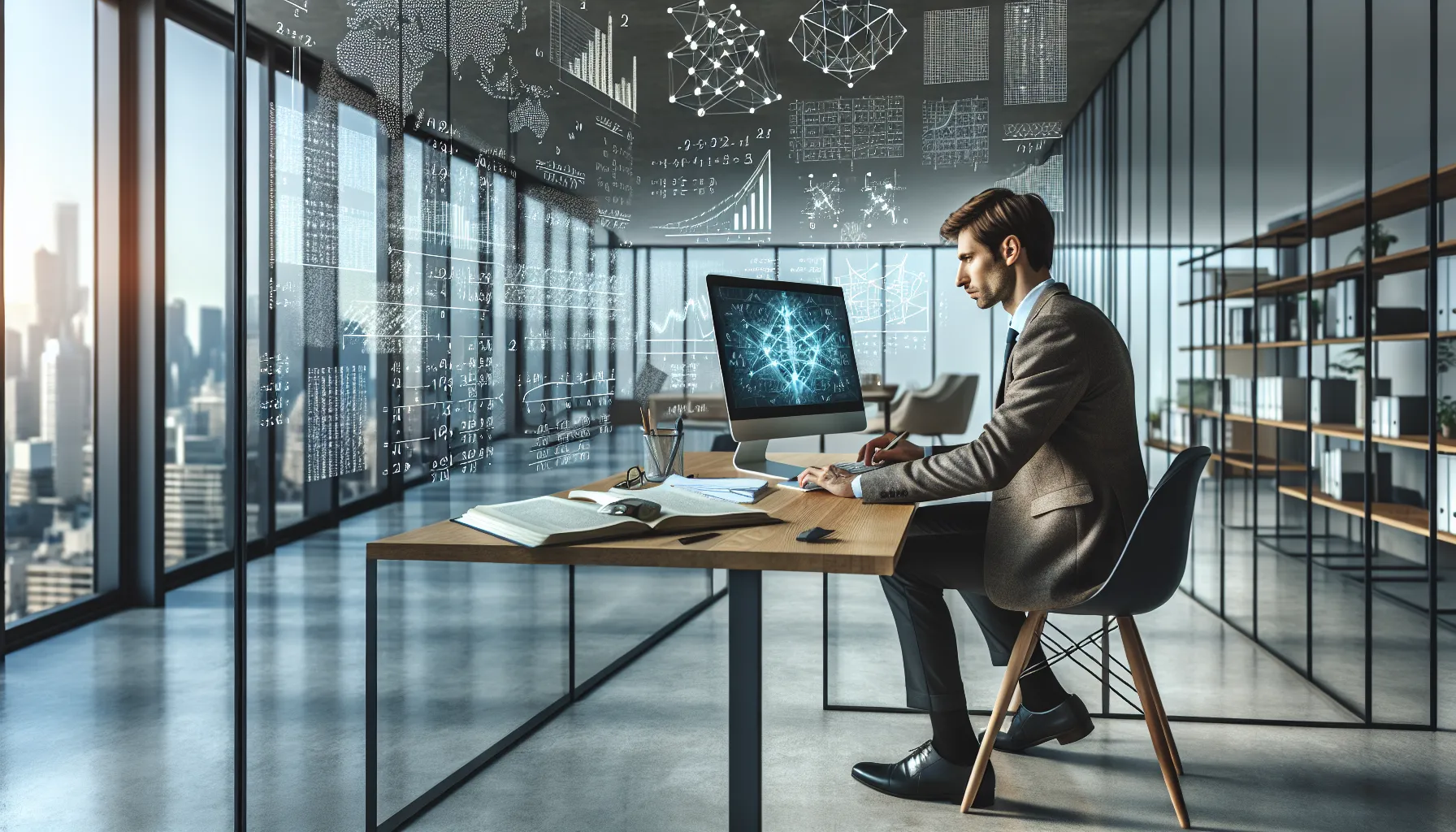 professional analyzing mathematical patterns in a modern office.