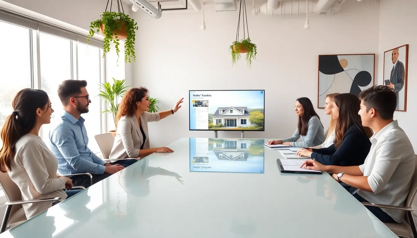 diverse team in a modern real estate office meeting.
