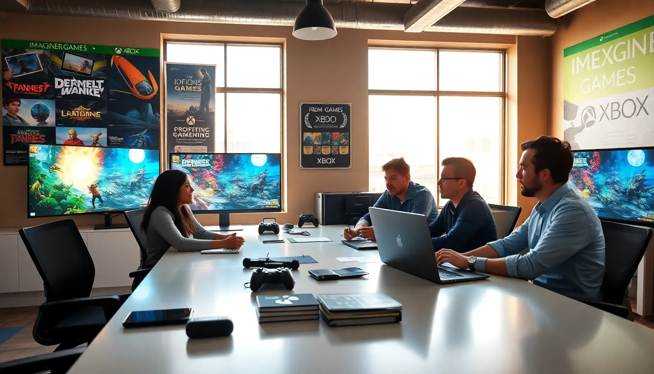 diverse team collaborating in a modern game development studio.