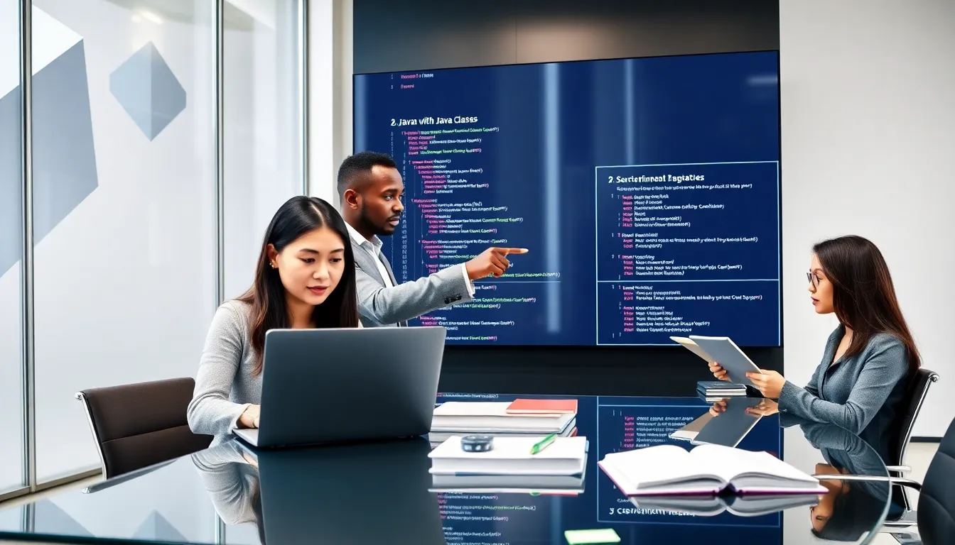 diverse team collaborating on Java programming in a modern office.