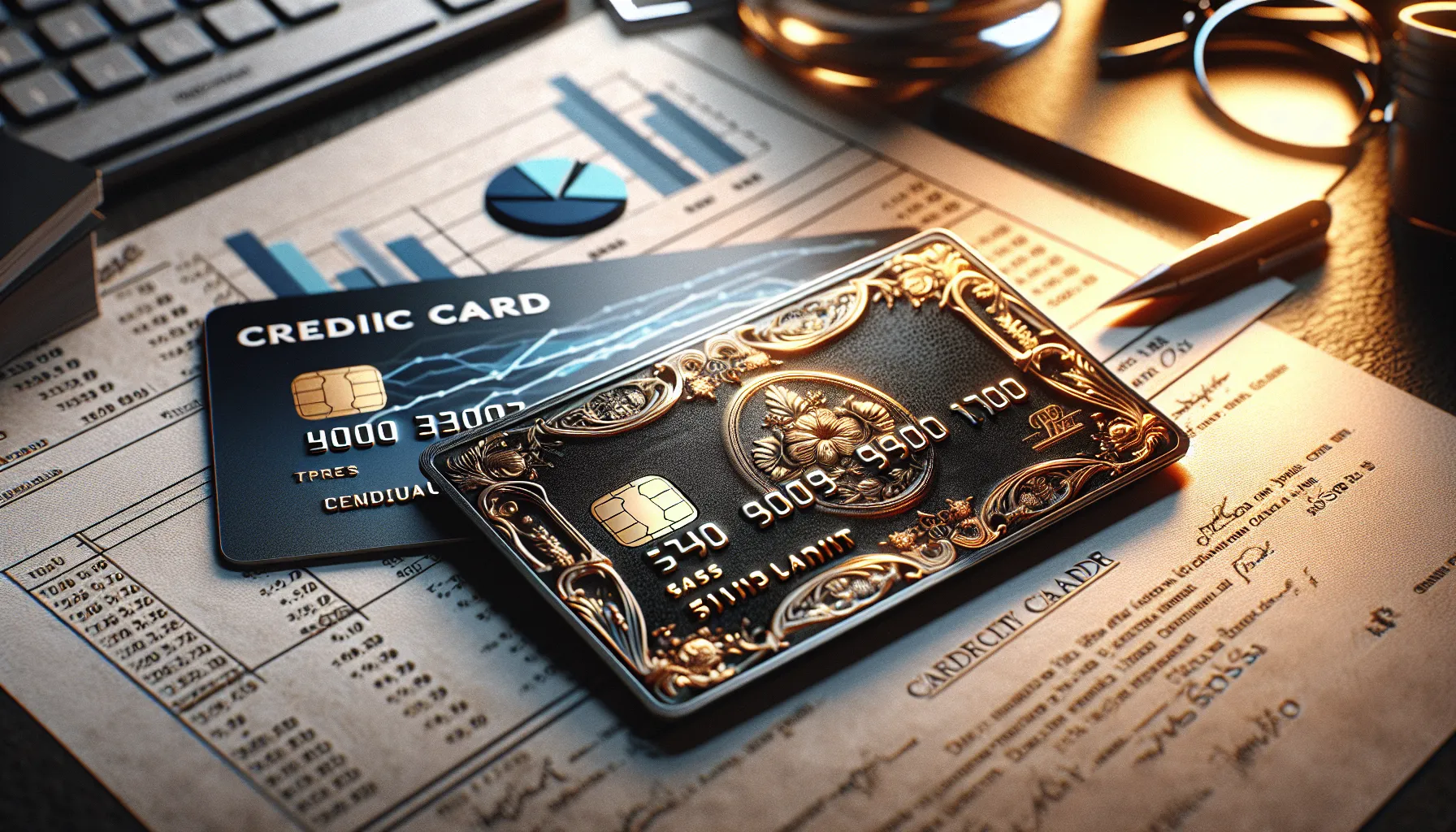A comparison of a vintage-style charge card with a modern credit card on a desk.