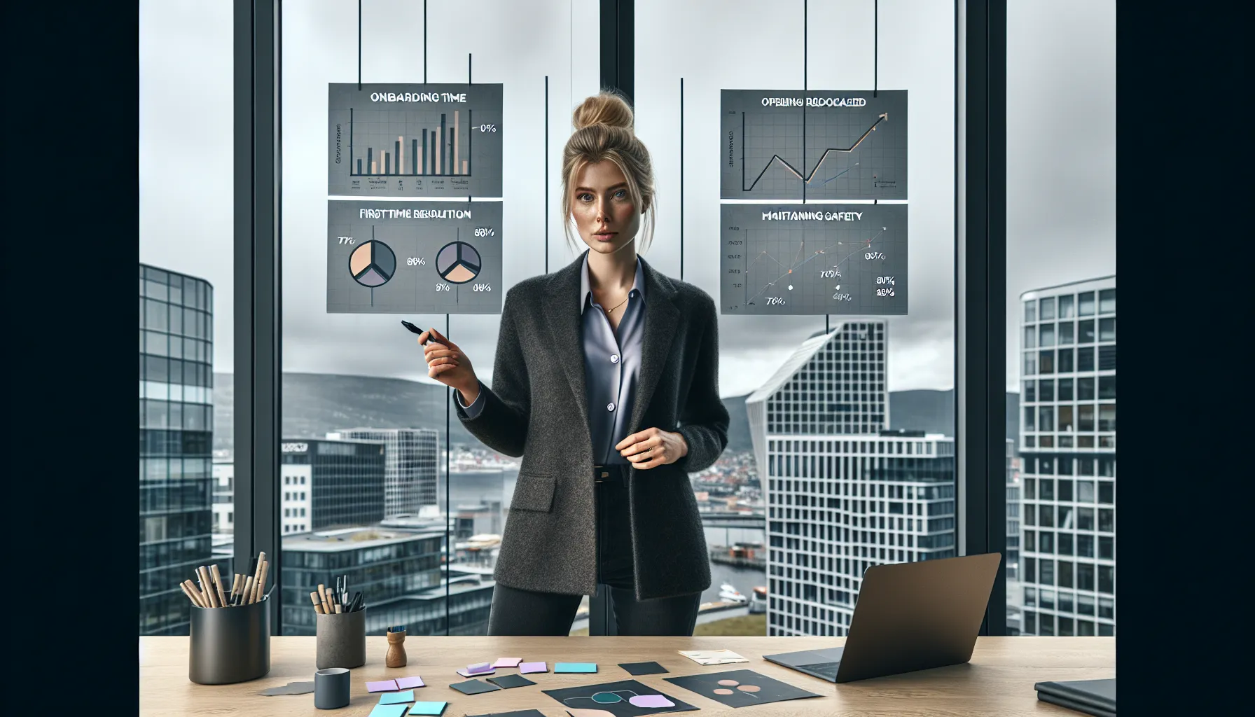 Hvordan velge riktig kursleverandør 2 Norwegian manager defines smart learning goals using kpi dashboards on a glass wall.