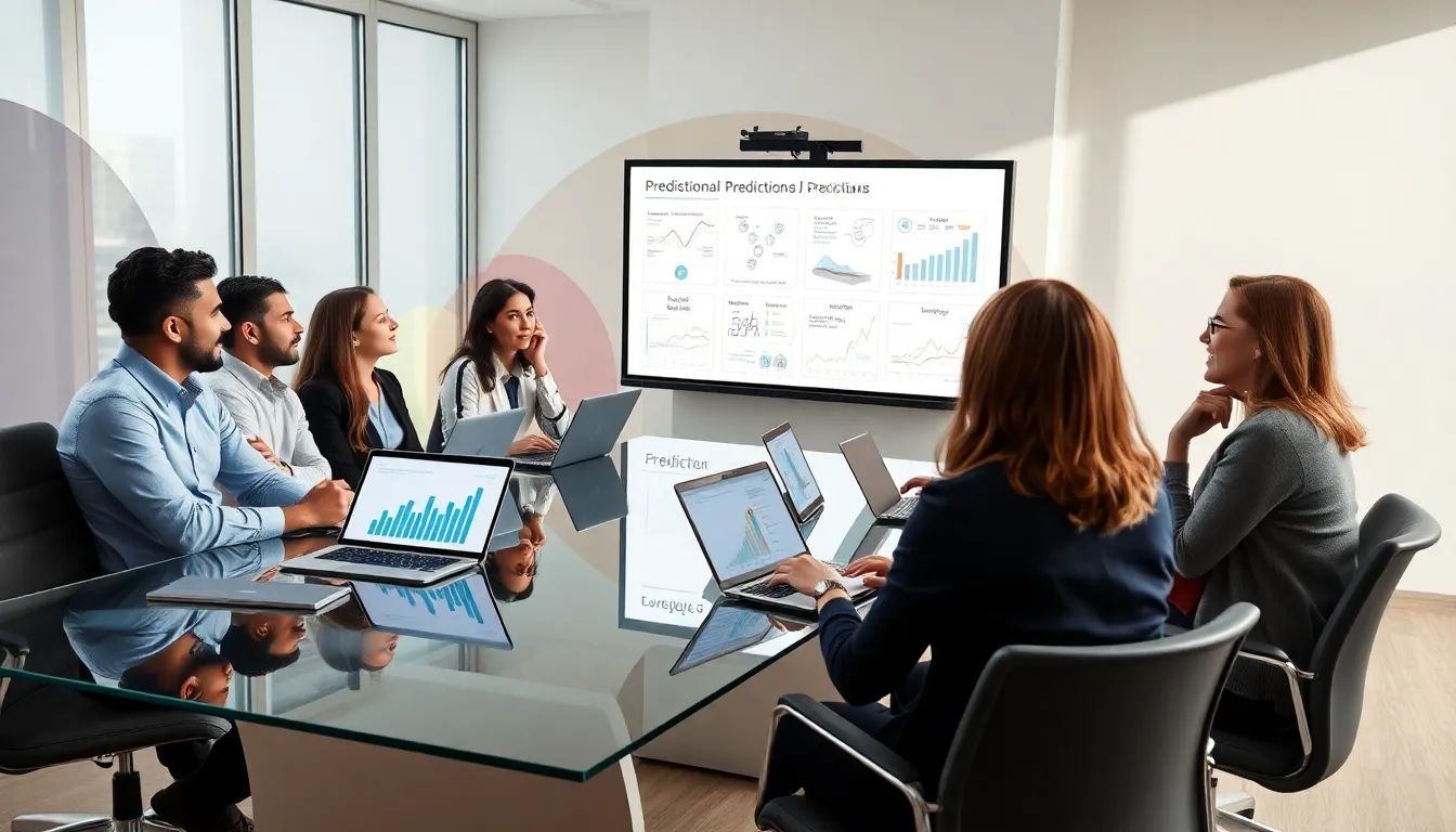 diverse team discussing historical predictions of the future in a modern office.