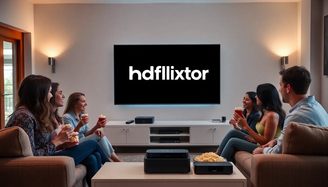 friends enjoying a movie night in a modern living room.