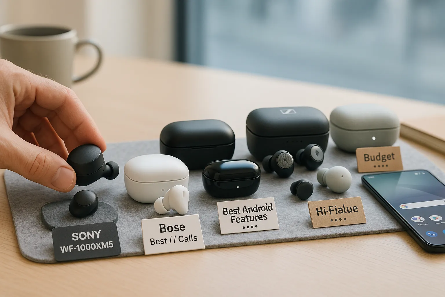 Six earbuds and cases lined up with comparison cards on a tabletop.