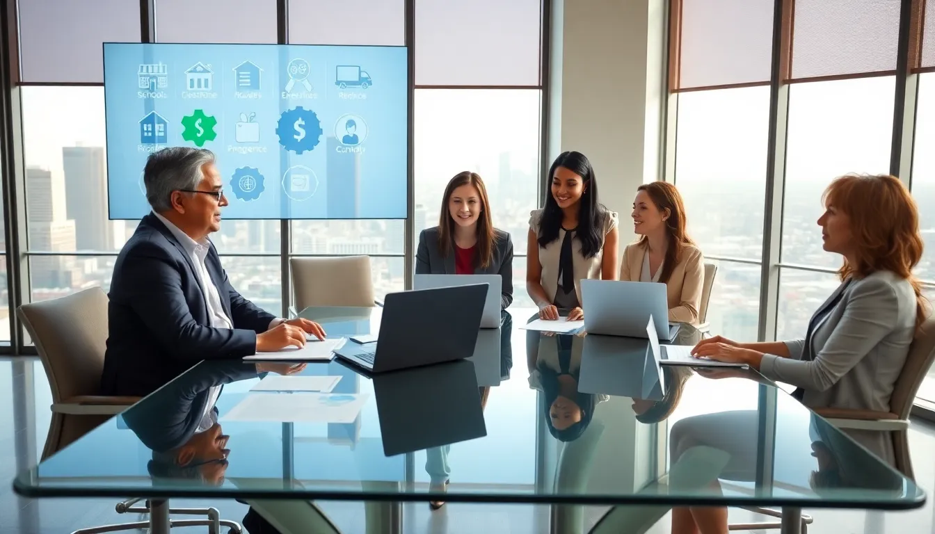 diverse team discussing property taxes in a modern office.