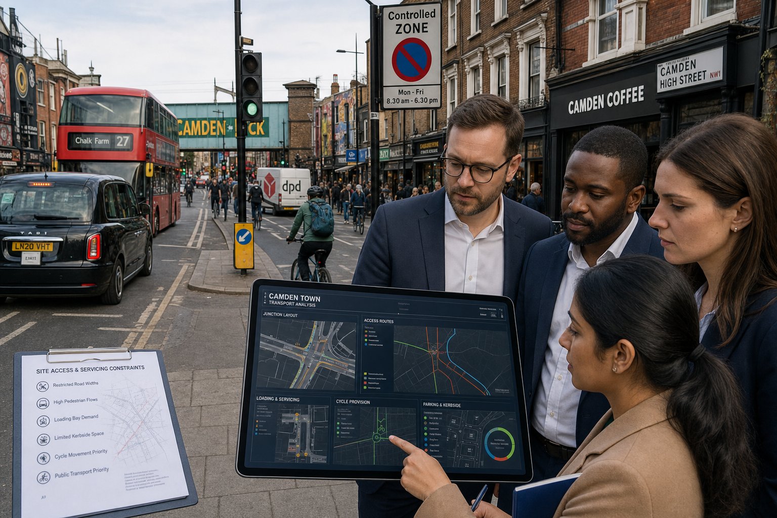 Traffic engineer reviewing Camden Town street access and transport conditions.